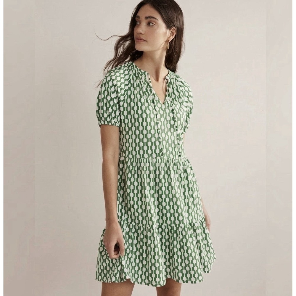 Boden Tiered Dress Geometric Print Puff Sleeve Green White Pockets US 14 Large